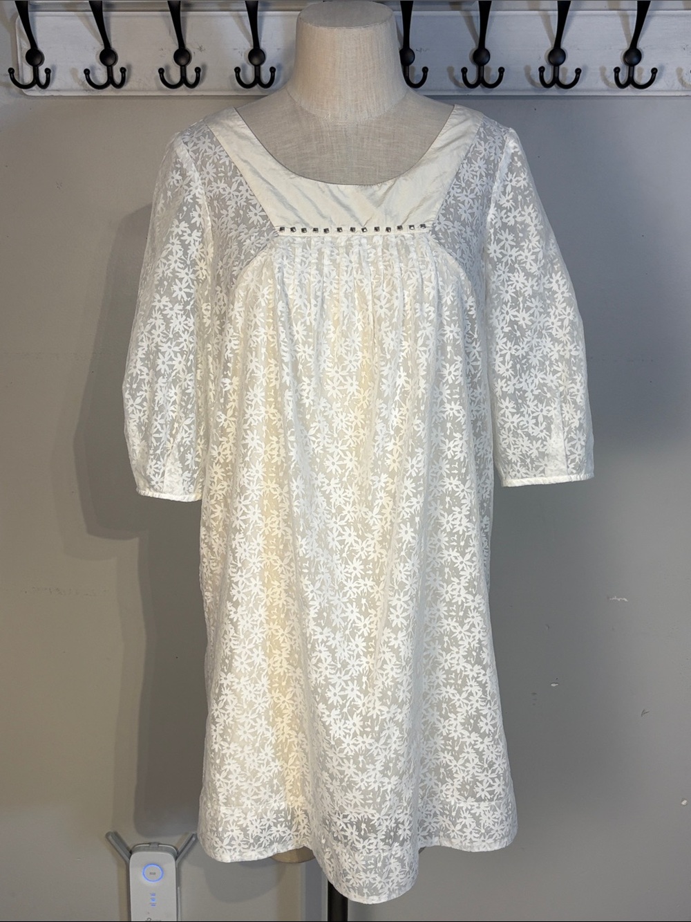 Philip Lim White Floral Silk Mini Dress with Square Yoke